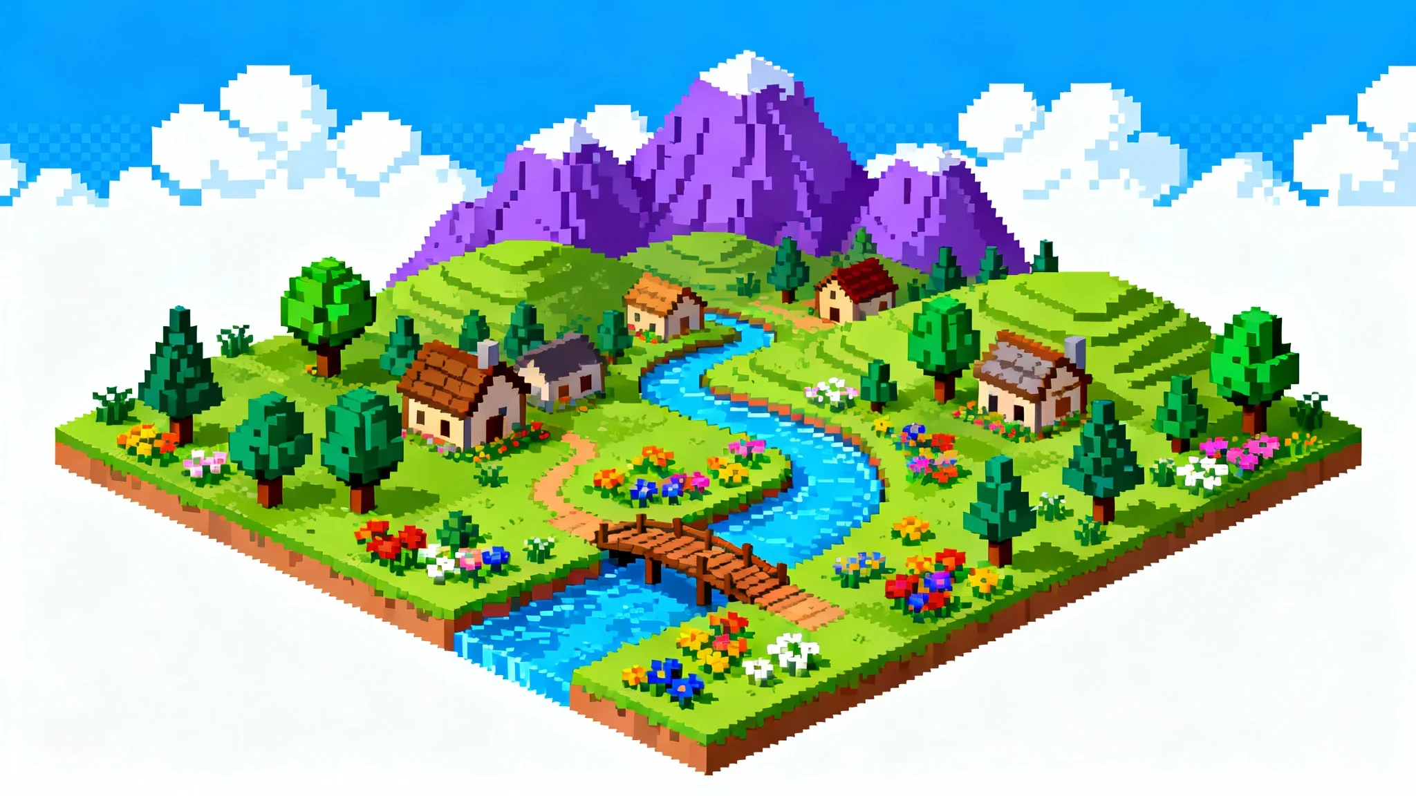 A vibrant 16-bit pixel art landscape showing a village, a river, and mountains, in the style of a retro video game, set against a plain white background.