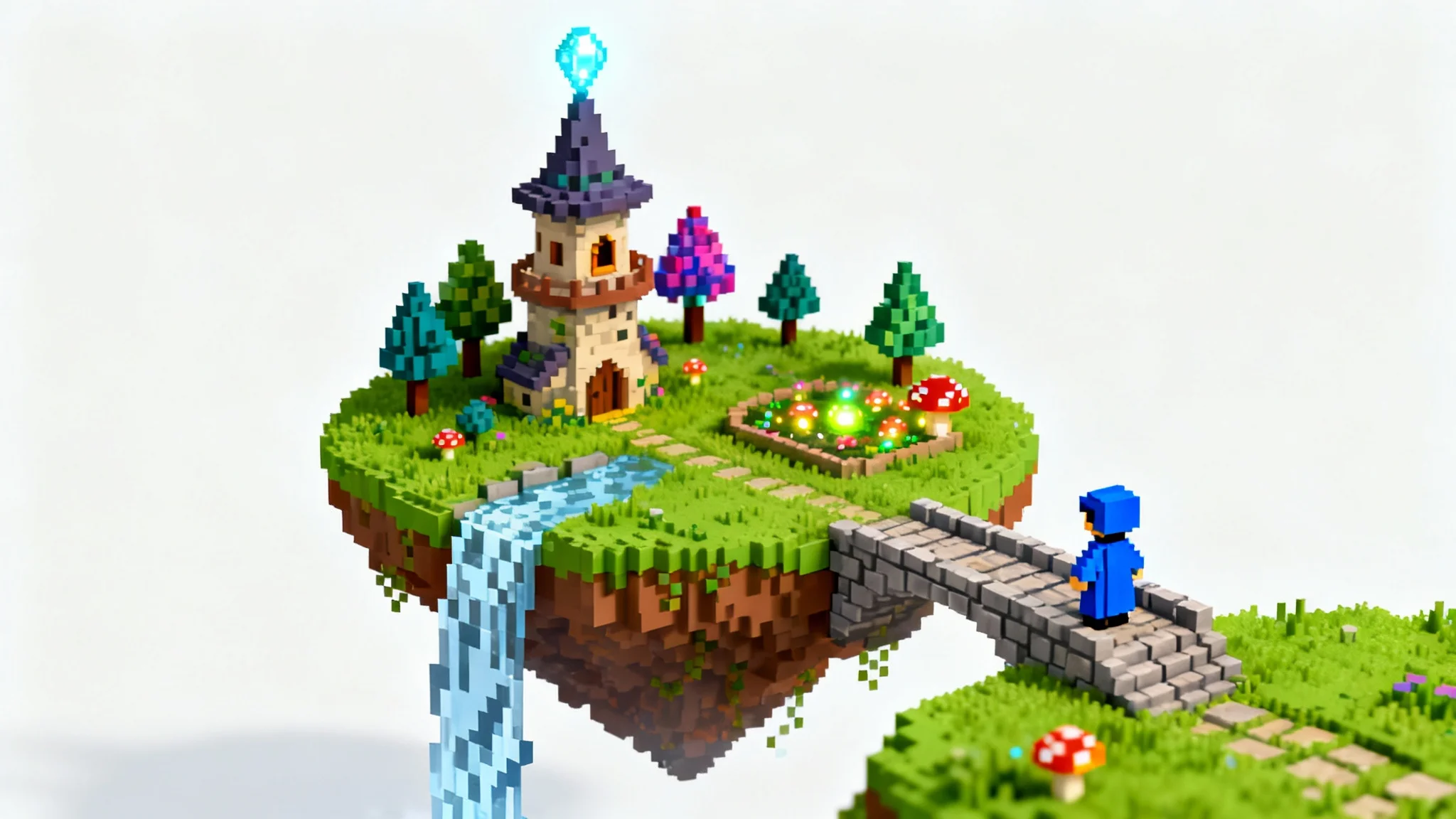 A detailed isometric pixel art diorama of a small, floating fantasy island with a wizard's tower and waterfall, set against a plain white background.