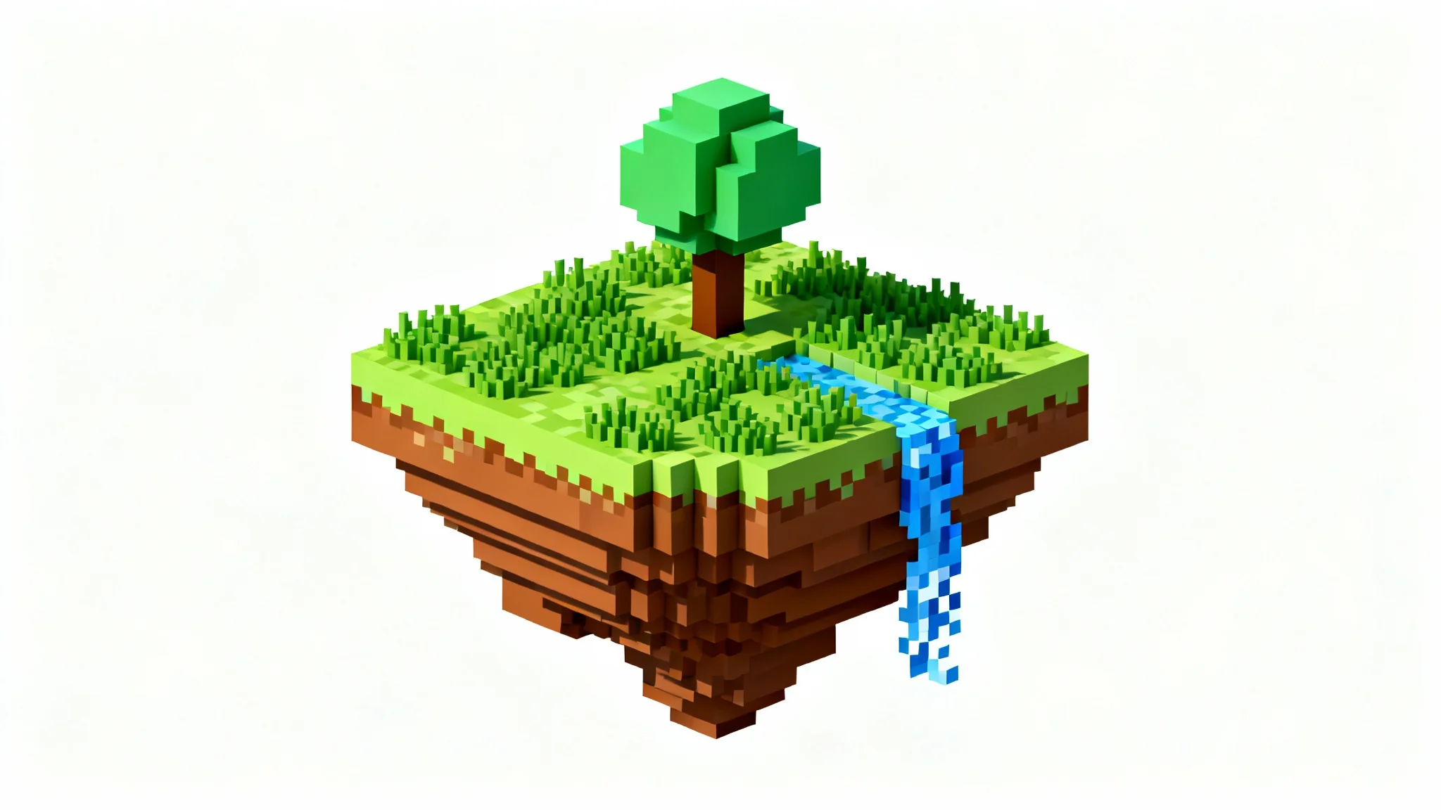 A vibrant 3D pixel art floating island with a small tree and a waterfall, created in a blocky voxel style and set against a plain white background.