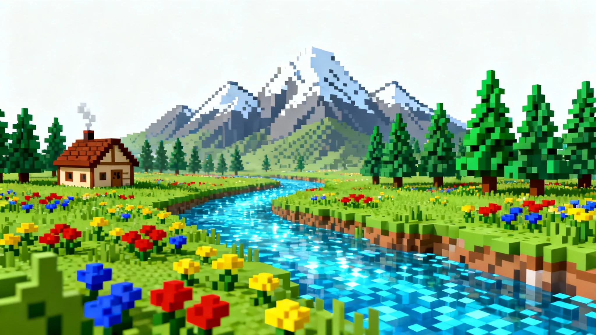A detailed 16-bit pixel art scene depicting a vibrant world with a cottage, river, and mountains, shown in an isometric view against a white background.