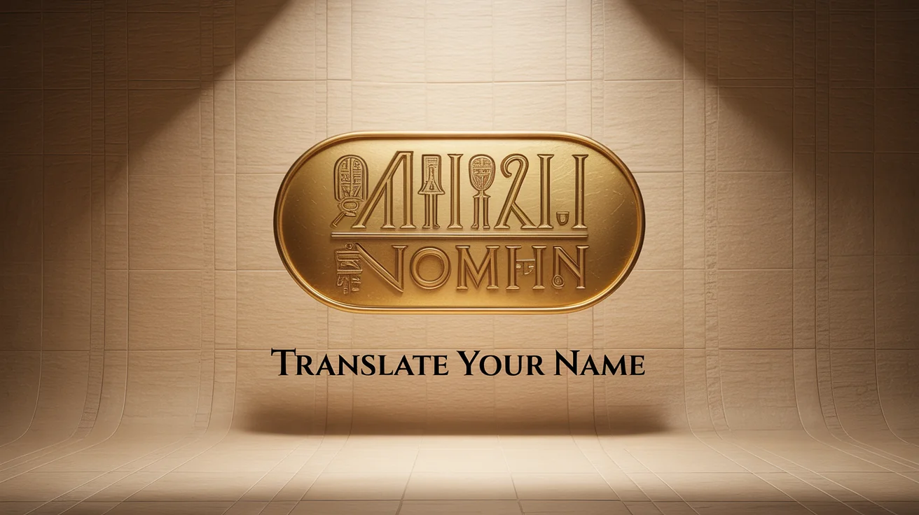 A hero image for an Egyptian hieroglyph translator tool, showing a golden cartouche with a name in hieroglyphs on a papyrus background, with the text 'Translate Your Name' below.
