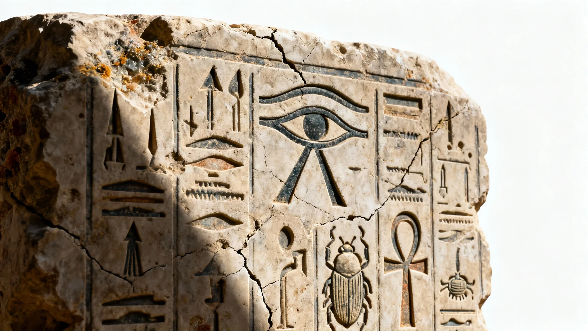A close-up shot of a weathered ancient Egyptian stone tablet with carved hieroglyphs, isolated on a white background.