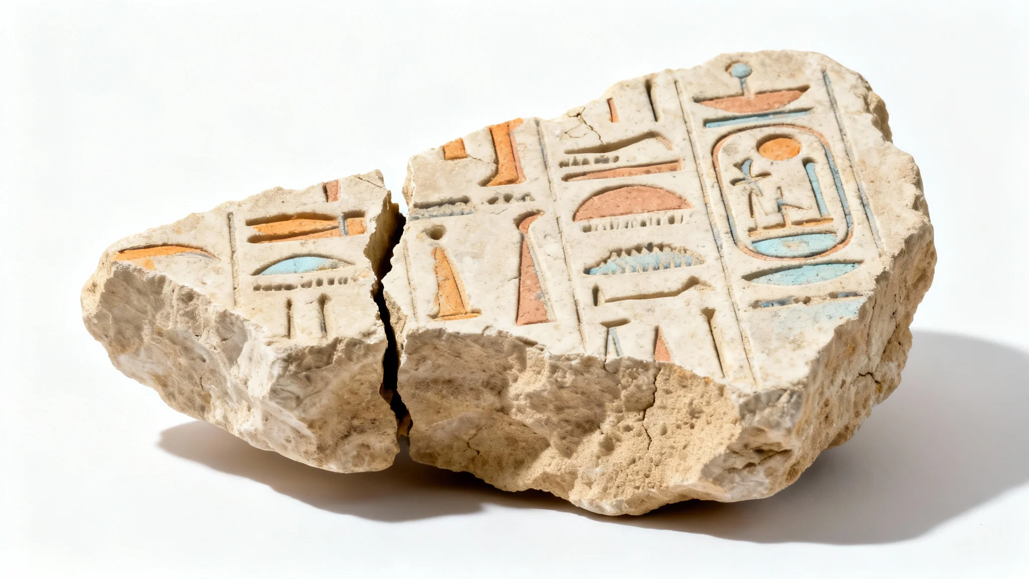 A detailed, photorealistic image of a fragment from an ancient Egyptian stone tablet featuring carved hieroglyphs, displayed against a clean white background.