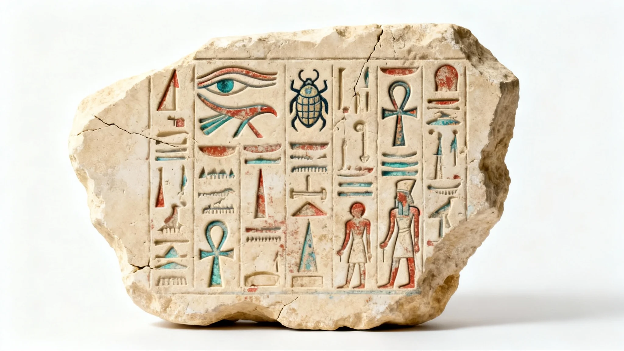 A photorealistic mockup of a rectangular piece of limestone carved with detailed Egyptian hieroglyphs, set against a clean white background.