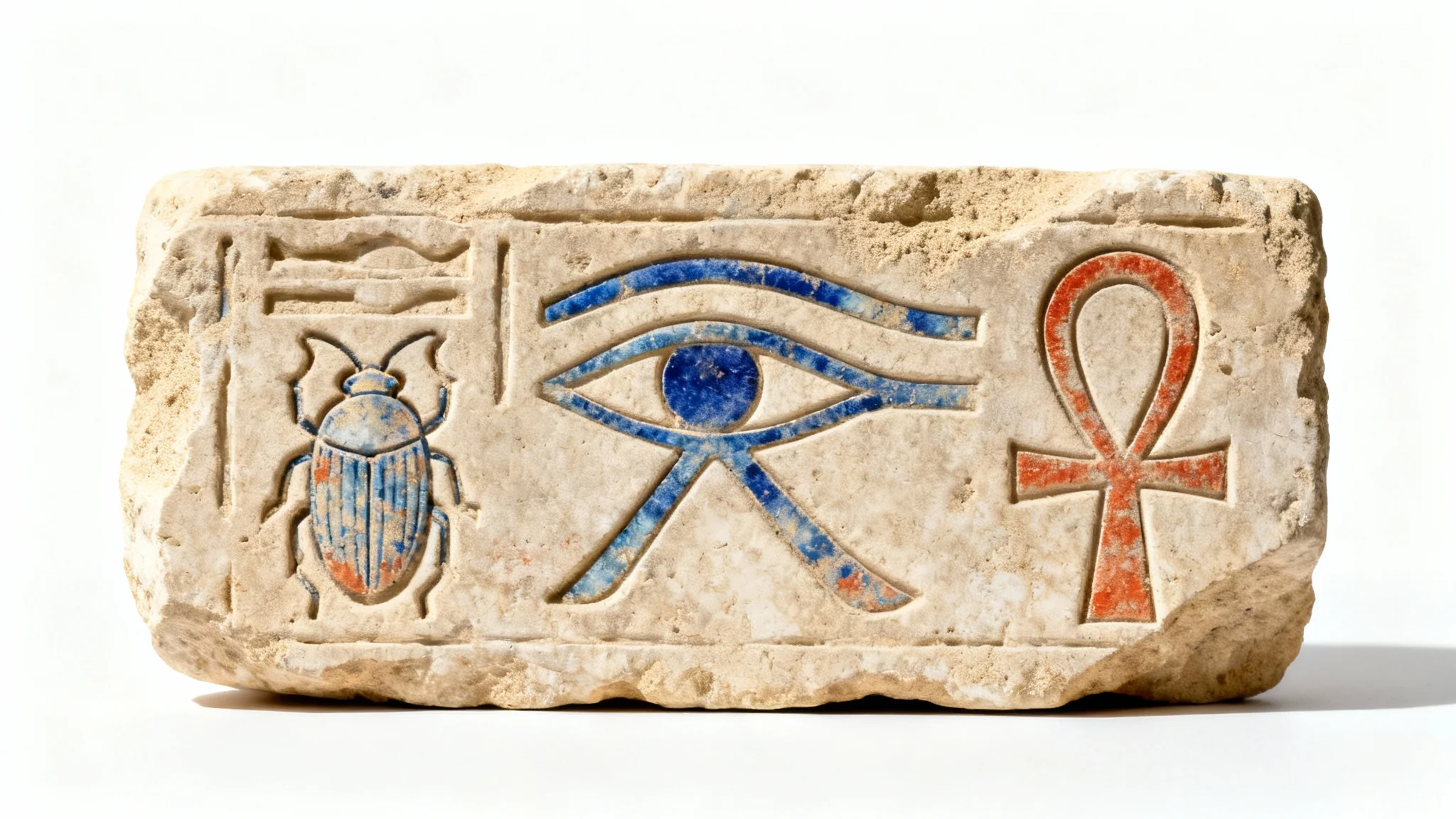 A close-up photograph of a rectangular piece of ancient Egyptian stone, featuring intricately carved hieroglyphs like the Eye of Horus and a scarab beetle, displayed against a clean white background.