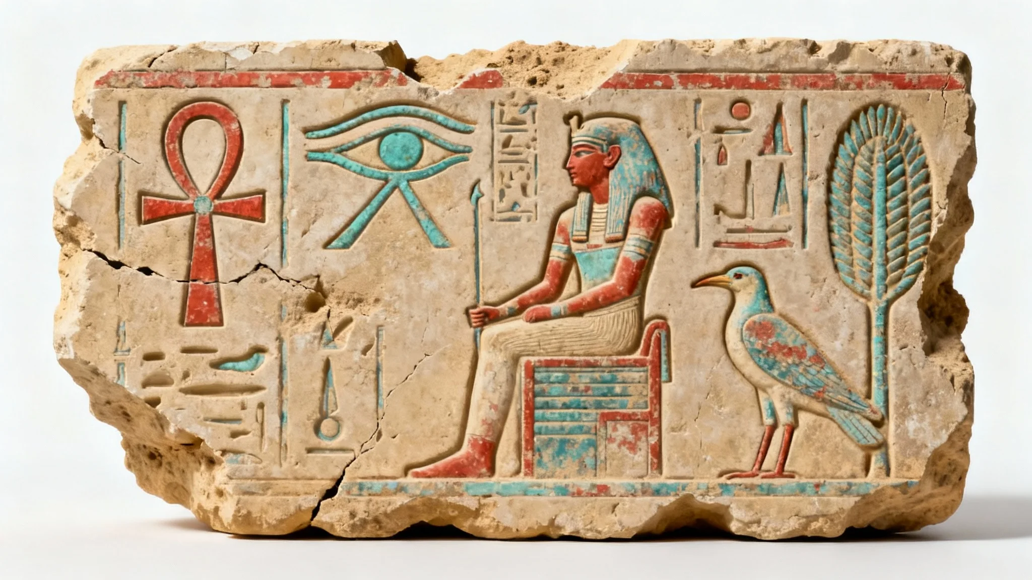 A realistic mockup of a fragment from an ancient Egyptian stone wall, showcasing intricate hieroglyphic carvings, isolated on a white background.