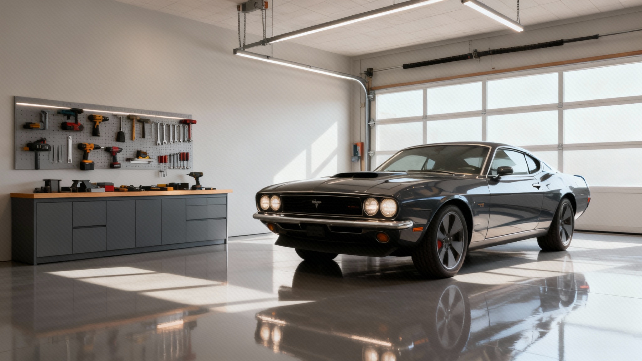 A stunning, professionally designed garage workshop featuring a classic car, a perfectly organized workbench, sleek cabinetry, and a polished epoxy floor, representing the final result of a design tool.