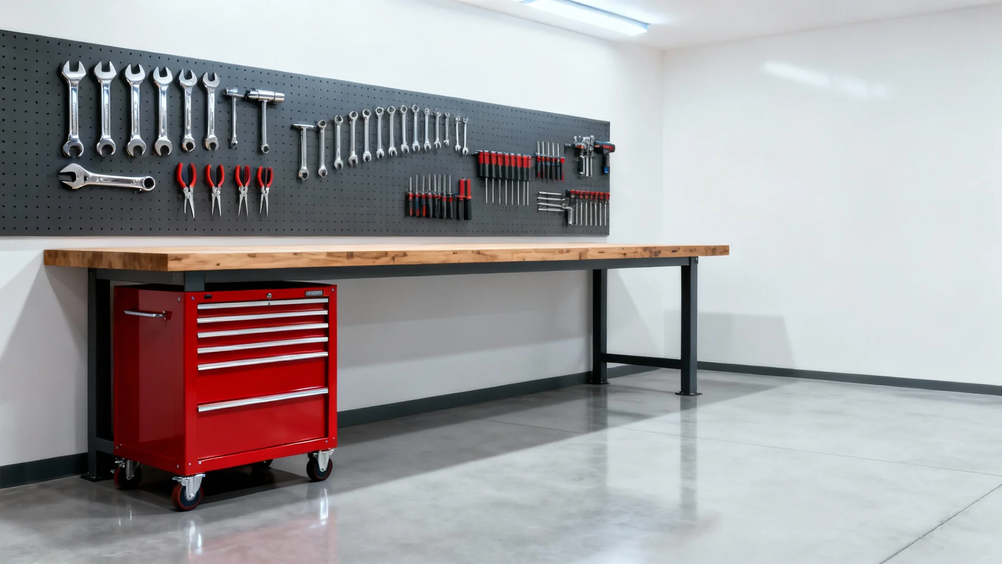 A clean and modern garage workshop with a wooden workbench, a red tool cabinet, and neatly organized tools hanging on a pegboard, all against a solid white background.