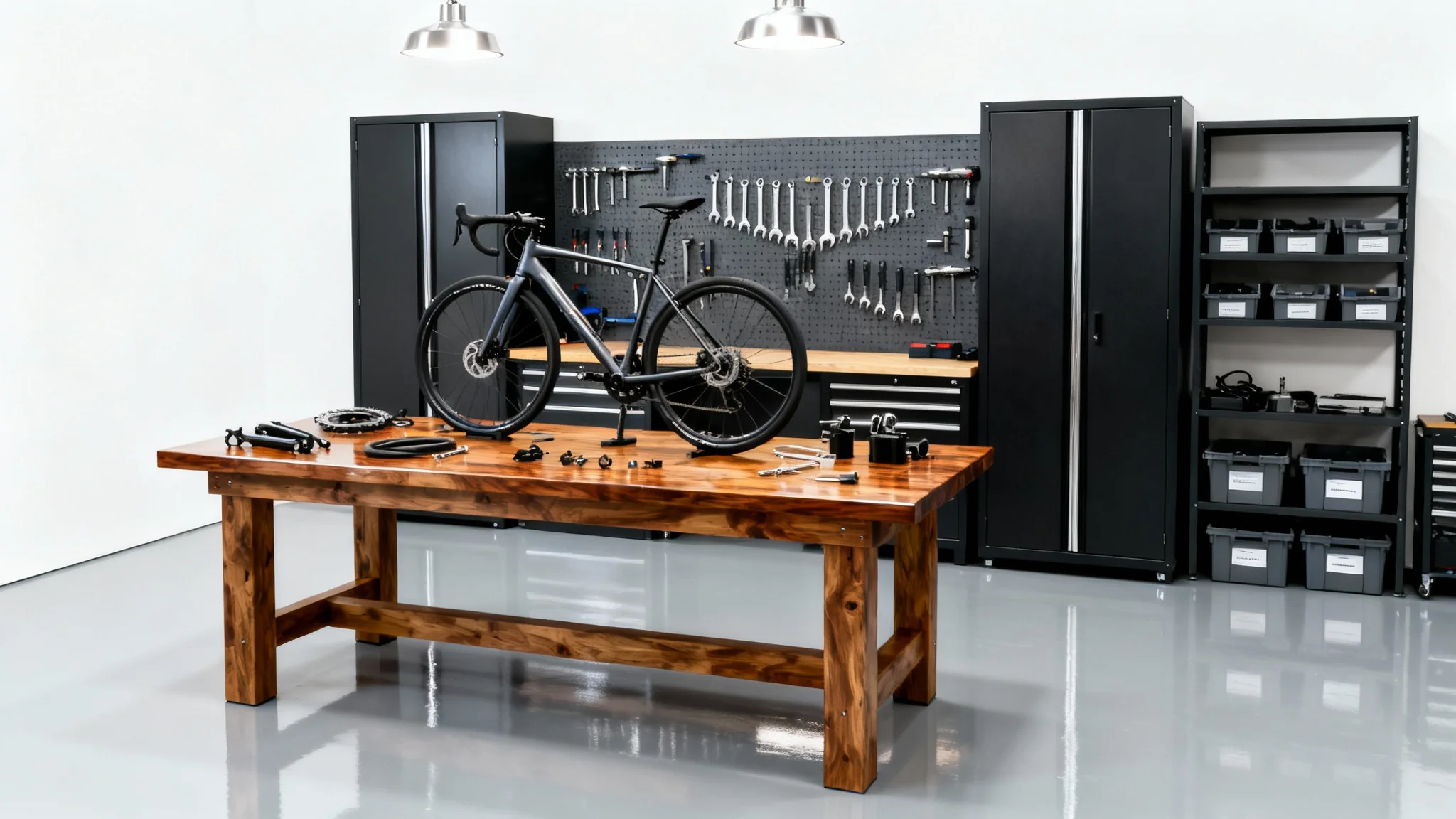 A modern and tidy garage workshop featuring a wooden workbench with a bicycle being assembled, tools neatly organized on a pegboard, and sleek metal storage cabinets, all against a clean white background.