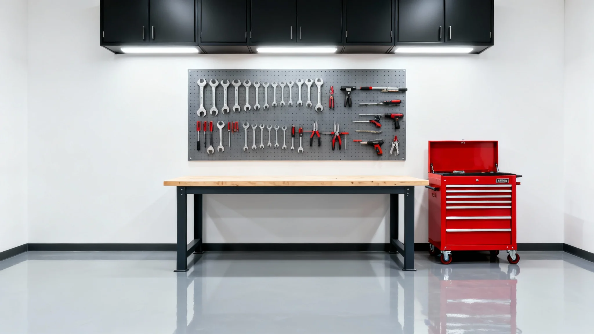 A stunning, modern garage workshop design, featuring a wooden workbench, a red tool chest, and perfectly organized tools on a pegboard, all set against a clean white background.