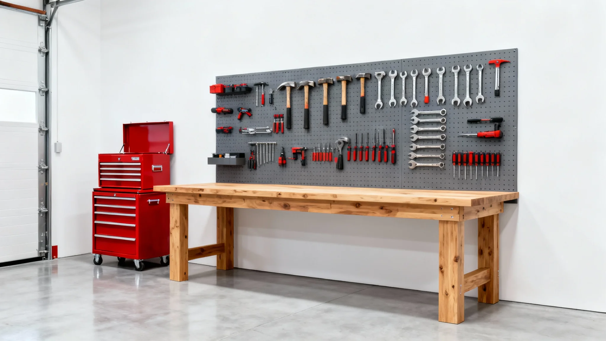 A modern and organized garage workshop featuring a wooden workbench, a pegboard wall with neatly hung tools, and red metal storage cabinets, displayed against a plain white background.