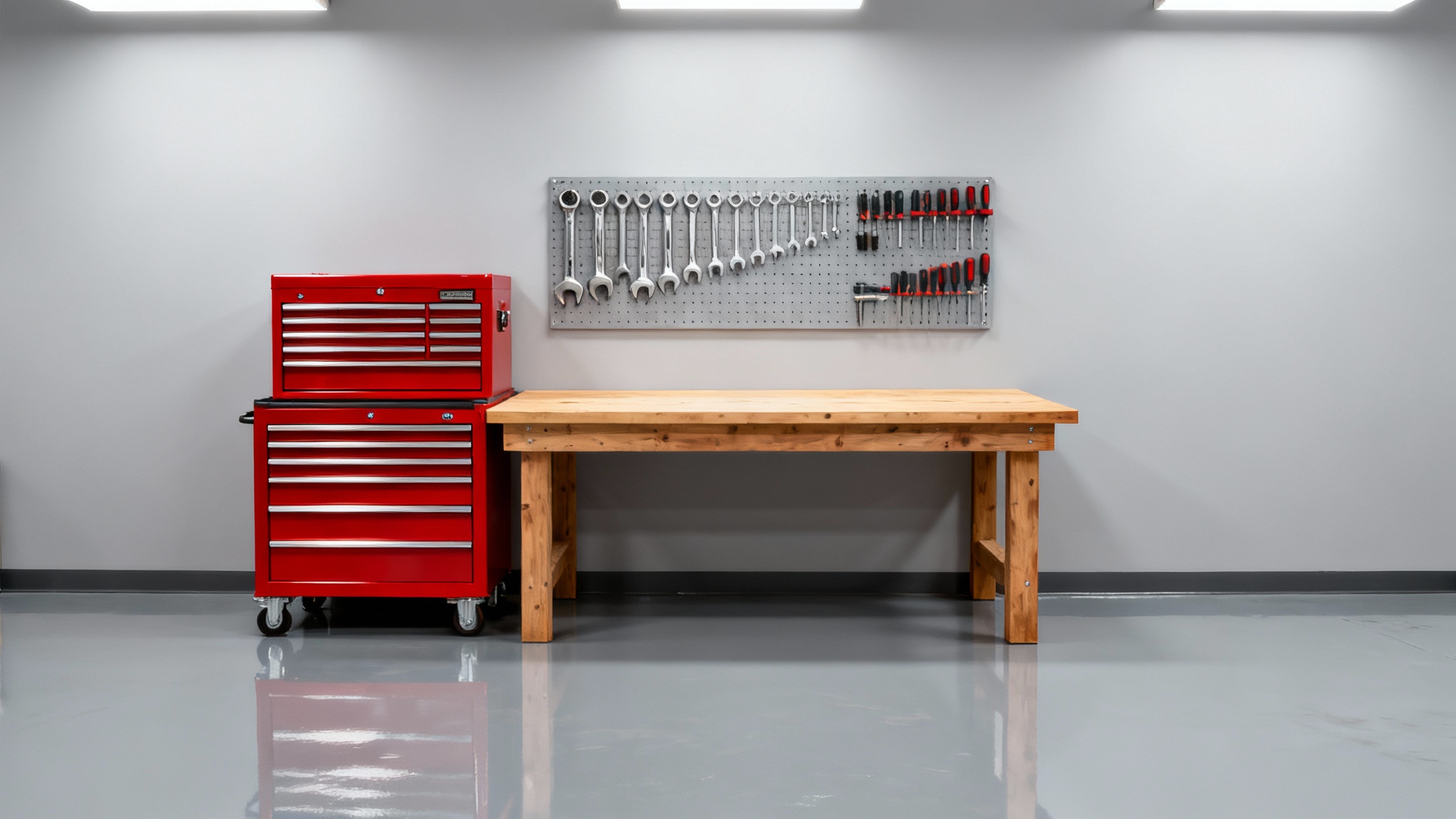 A photorealistic mockup of a perfectly organized garage workshop design, featuring a wooden workbench, a red tool chest, and neatly arranged tools on a pegboard against a clean, light gray background.