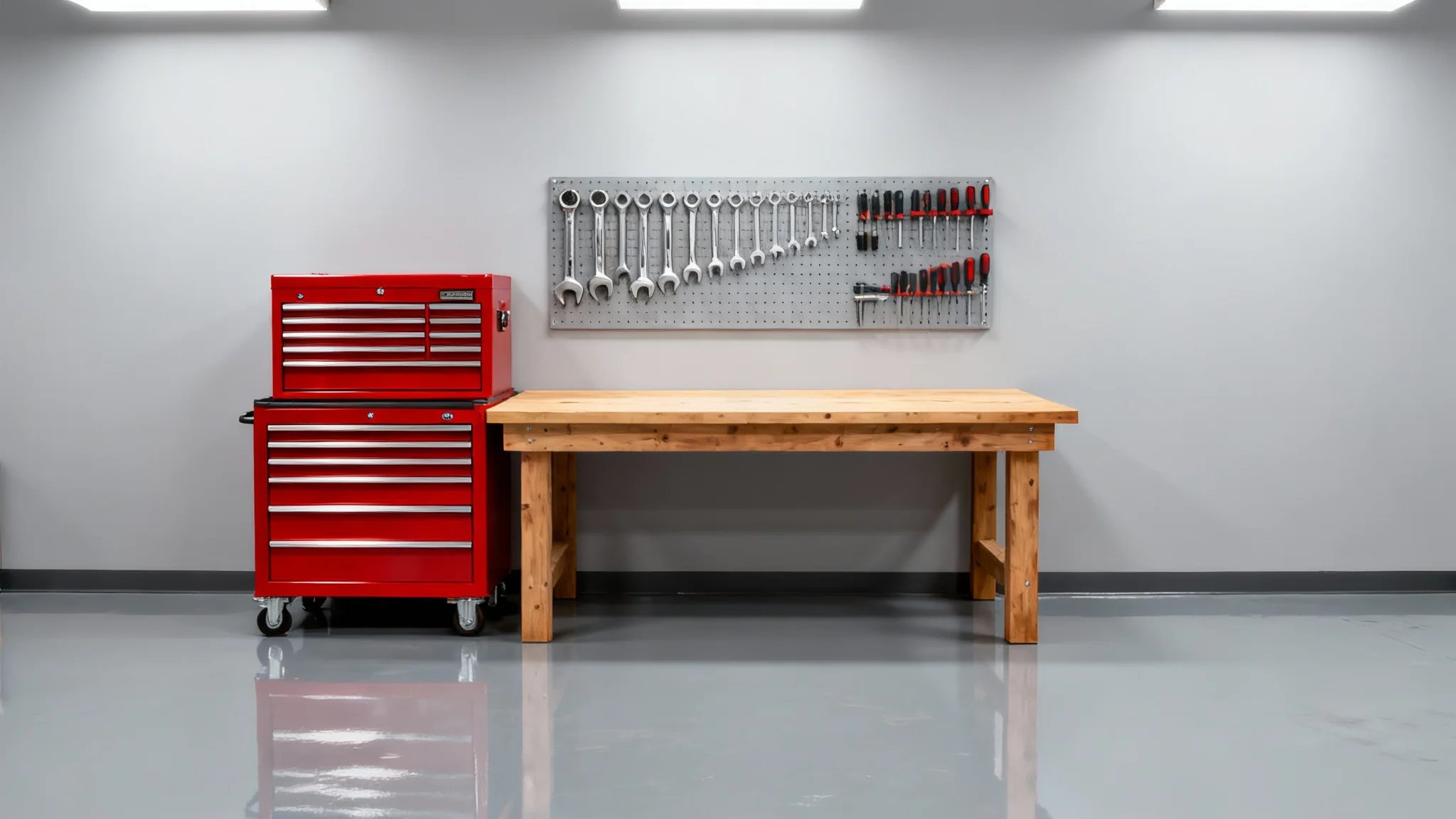 A photorealistic mockup of a perfectly organized garage workshop design, featuring a wooden workbench, a red tool chest, and neatly arranged tools on a pegboard against a clean, light gray background.