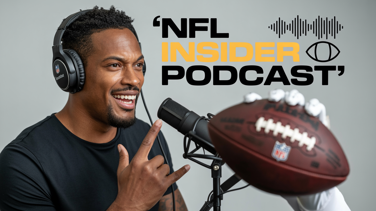 A polished 16:9 YouTube thumbnail for an NFL podcast titled 'NFL INSIDER PODCAST'. It shows a split screen with a Black host on the left and an NFL player in action on the right, set against a dynamic, colorful background.