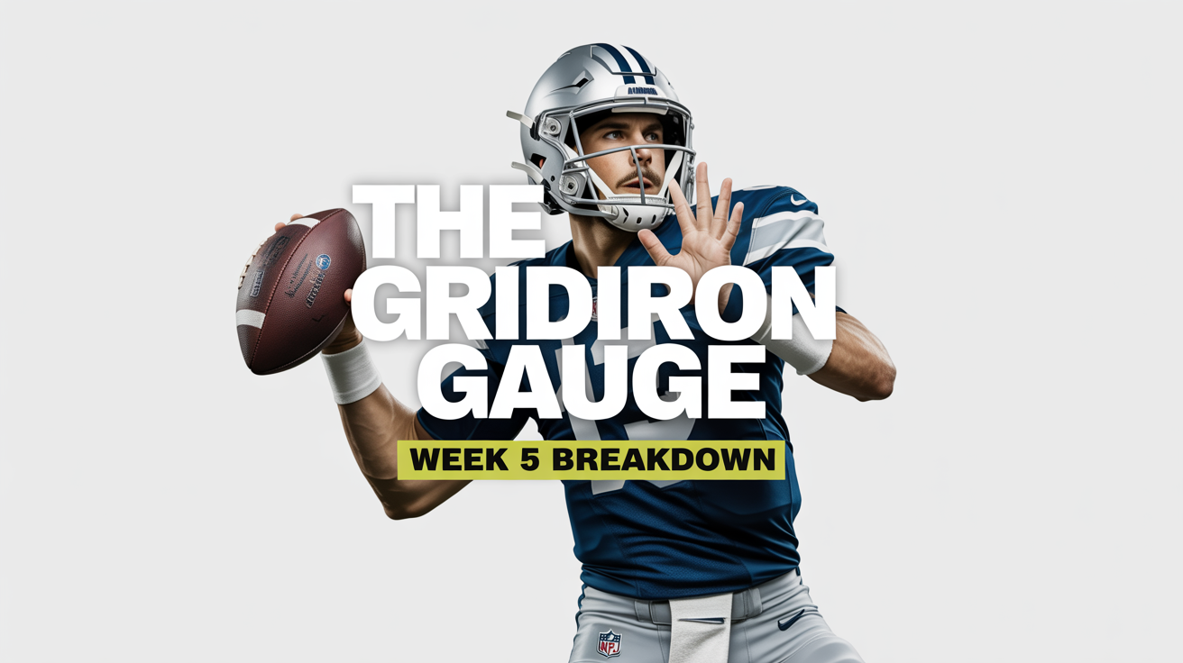 A mockup of a professional NFL podcast thumbnail titled 'The Gridiron Gauge', featuring a dramatic shot of a quarterback throwing a football, presented on a clean white background.