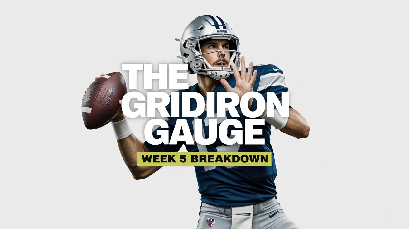 A mockup of a professional NFL podcast thumbnail titled 'The Gridiron Gauge', featuring a dramatic shot of a quarterback throwing a football, presented on a clean white background.