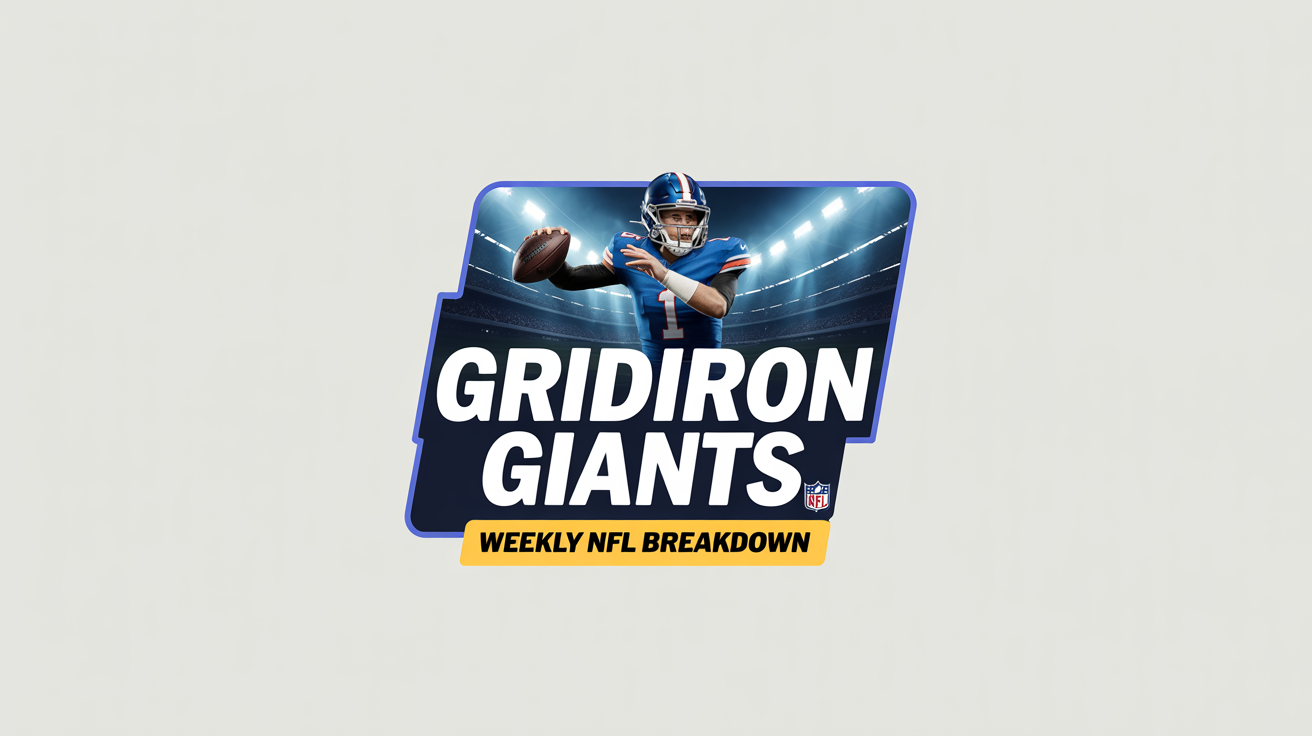 A mockup of a professional NFL podcast thumbnail for a show called 'Gridiron Giants'. It features a quarterback throwing a football, all displayed against a plain white background.