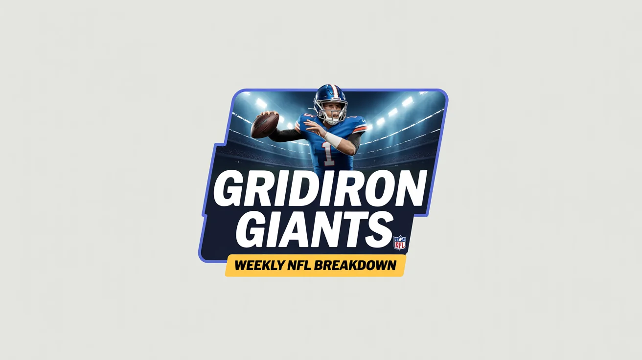 A mockup of a professional NFL podcast thumbnail for a show called 'Gridiron Giants'. It features a quarterback throwing a football, all displayed against a plain white background.