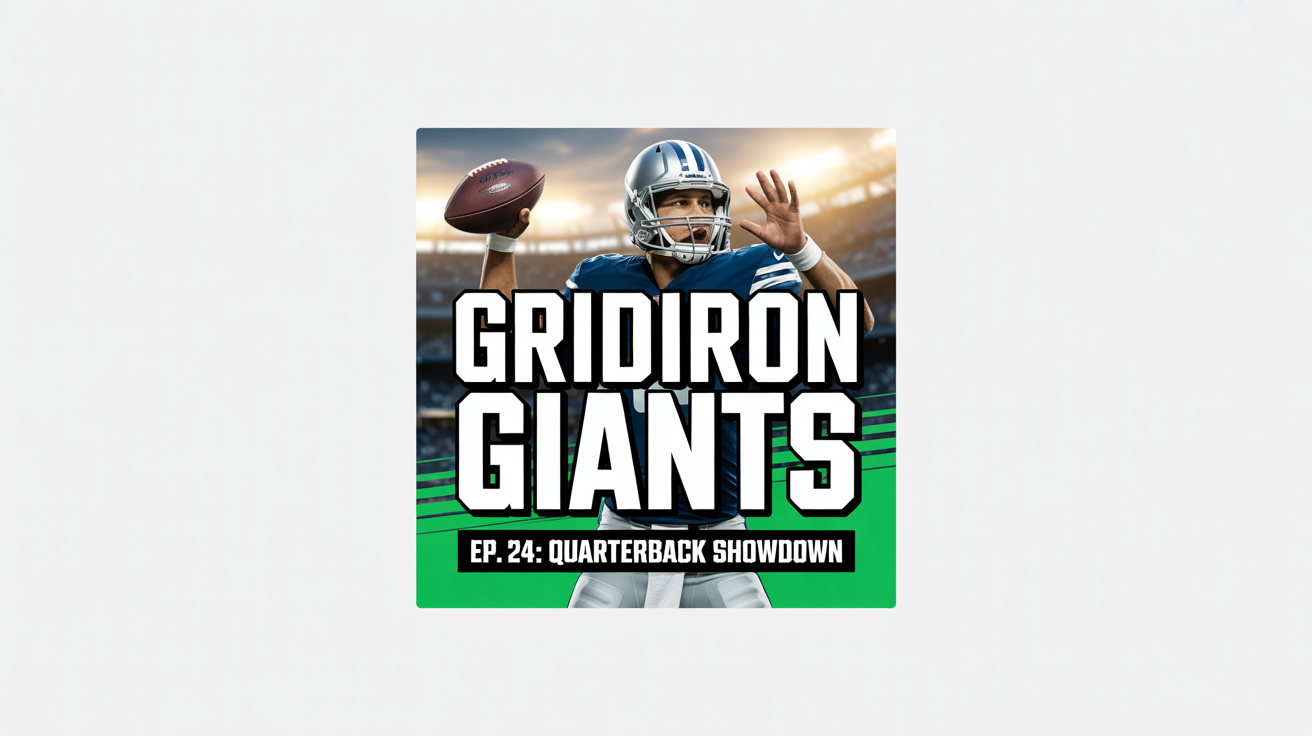 A mockup of a modern NFL podcast thumbnail with an action shot of a quarterback and text reading 'GRIDIRON GIANTS, EP. 24: QUARTERBACK SHOWDOWN'.