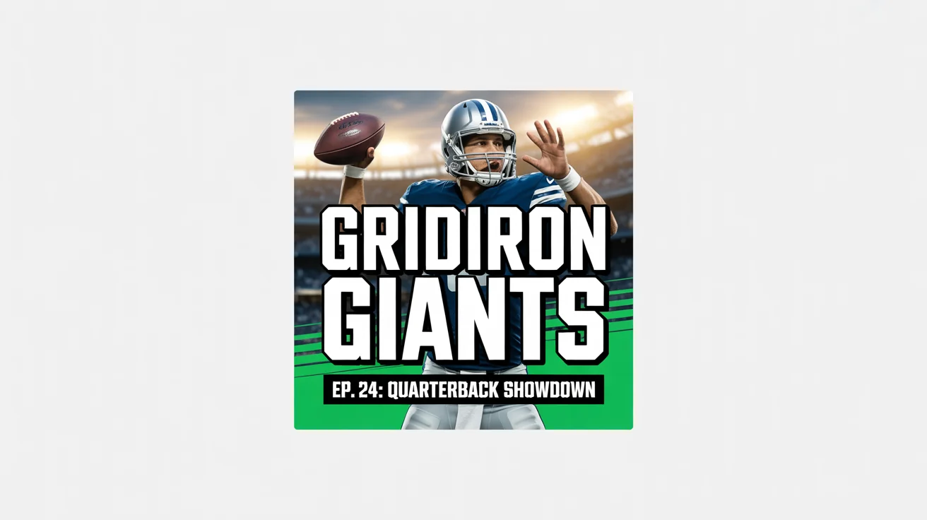 A mockup of a modern NFL podcast thumbnail with an action shot of a quarterback and text reading 'GRIDIRON GIANTS, EP. 24: QUARTERBACK SHOWDOWN'.