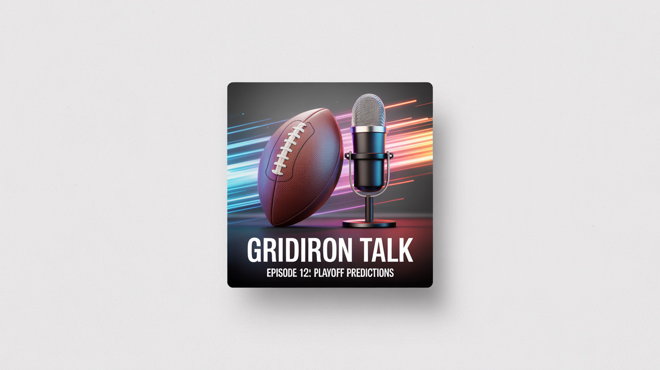 A mockup of an NFL podcast thumbnail for 'Gridiron Talk', featuring a football and a microphone against a dark background with light streaks. The thumbnail is displayed on a white surface.