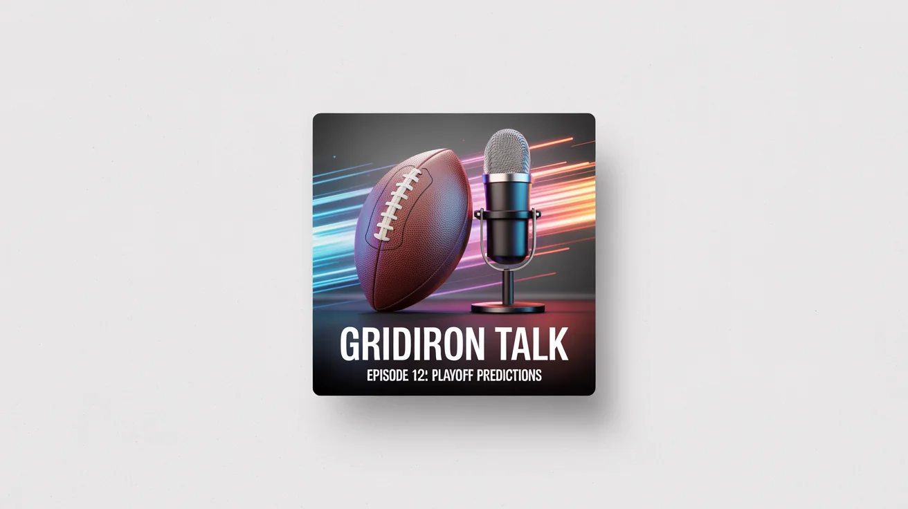 A mockup of an NFL podcast thumbnail for 'Gridiron Talk', featuring a football and a microphone against a dark background with light streaks. The thumbnail is displayed on a white surface.