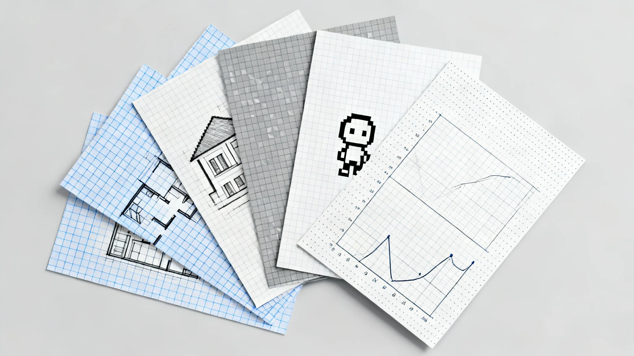 An eye-catching arrangement of various custom-generated graph paper sheets, featuring examples of architectural drafting, pixel art design, and mathematical plotting.