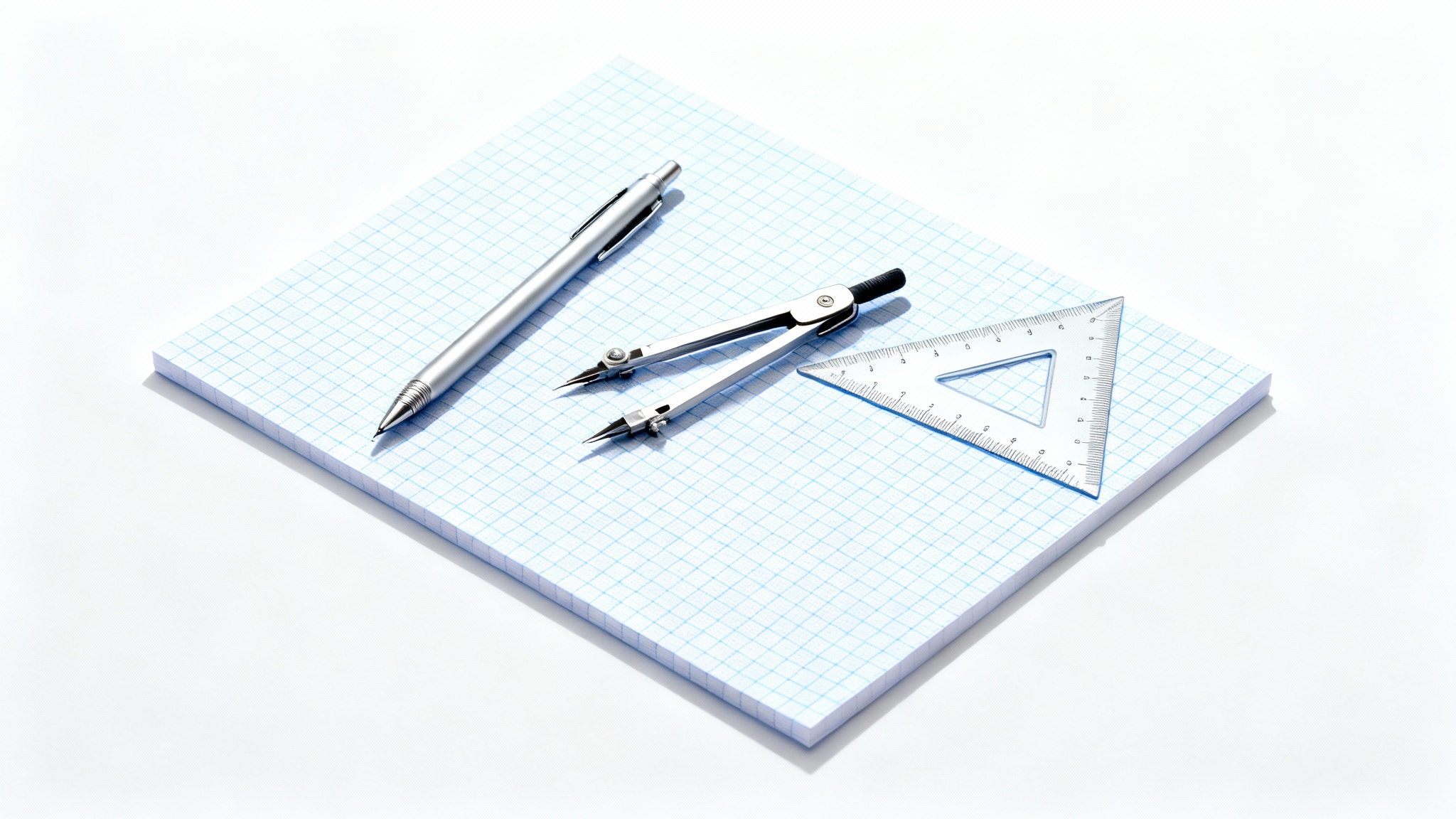 A top-down view of a single sheet of graph paper on a white surface, with a mechanical pencil and a triangle ruler neatly arranged on top, representing precision and design.