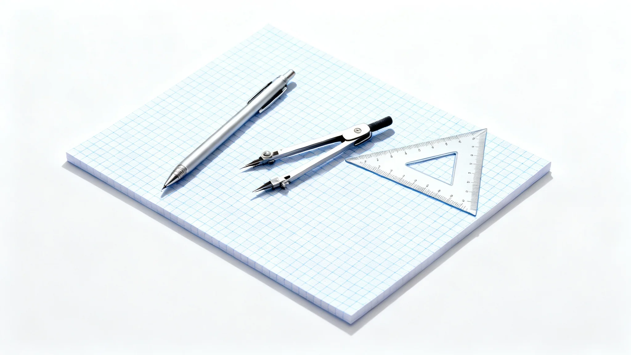 A top-down view of a single sheet of graph paper on a white surface, with a mechanical pencil and a triangle ruler neatly arranged on top, representing precision and design.