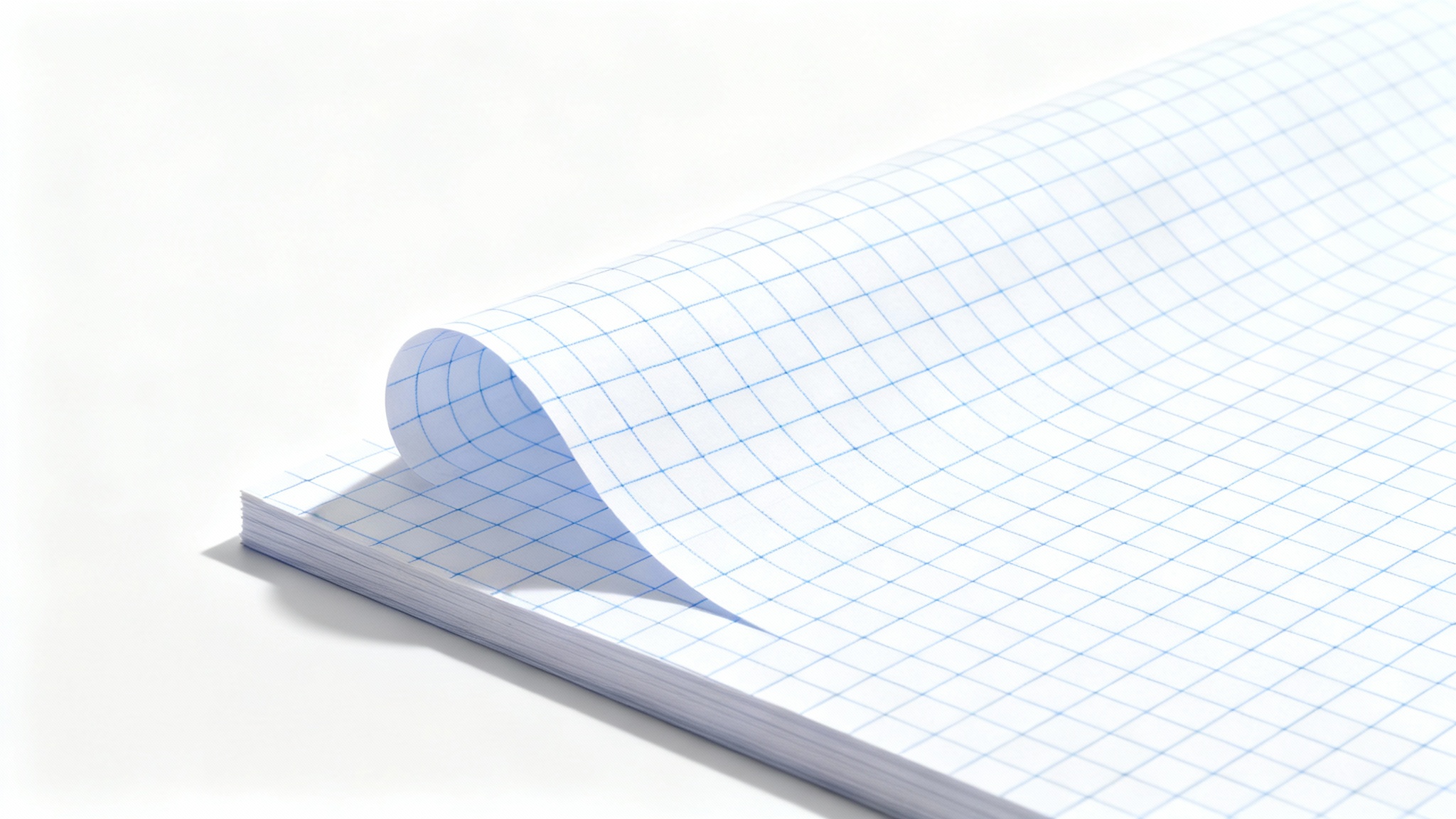 A high-quality, realistic mockup of a single sheet of blue-lined graph paper, shown from an angle against a stark white background.