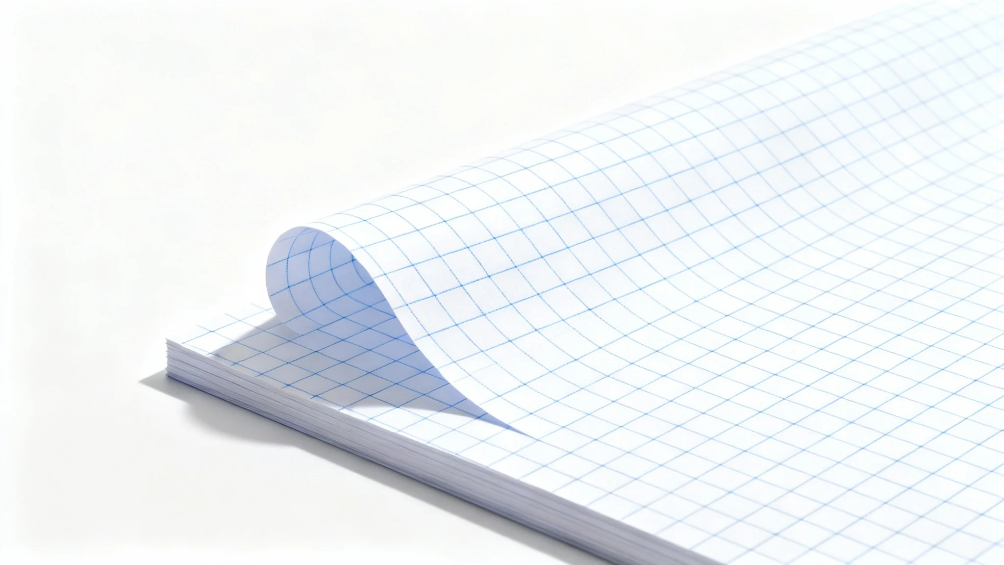 A high-quality, realistic mockup of a single sheet of blue-lined graph paper, shown from an angle against a stark white background.