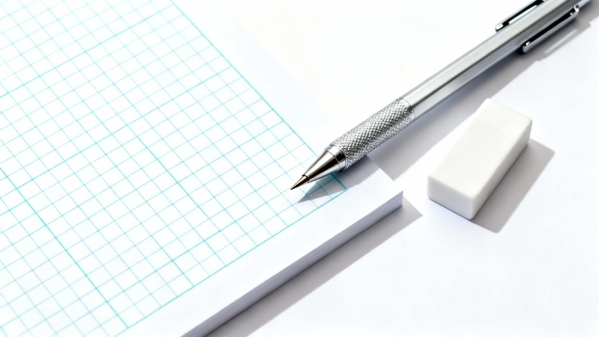 A flat lay mockup of a clean sheet of graph paper with a light-cyan grid, accompanied by a mechanical pencil and an eraser on a white background.