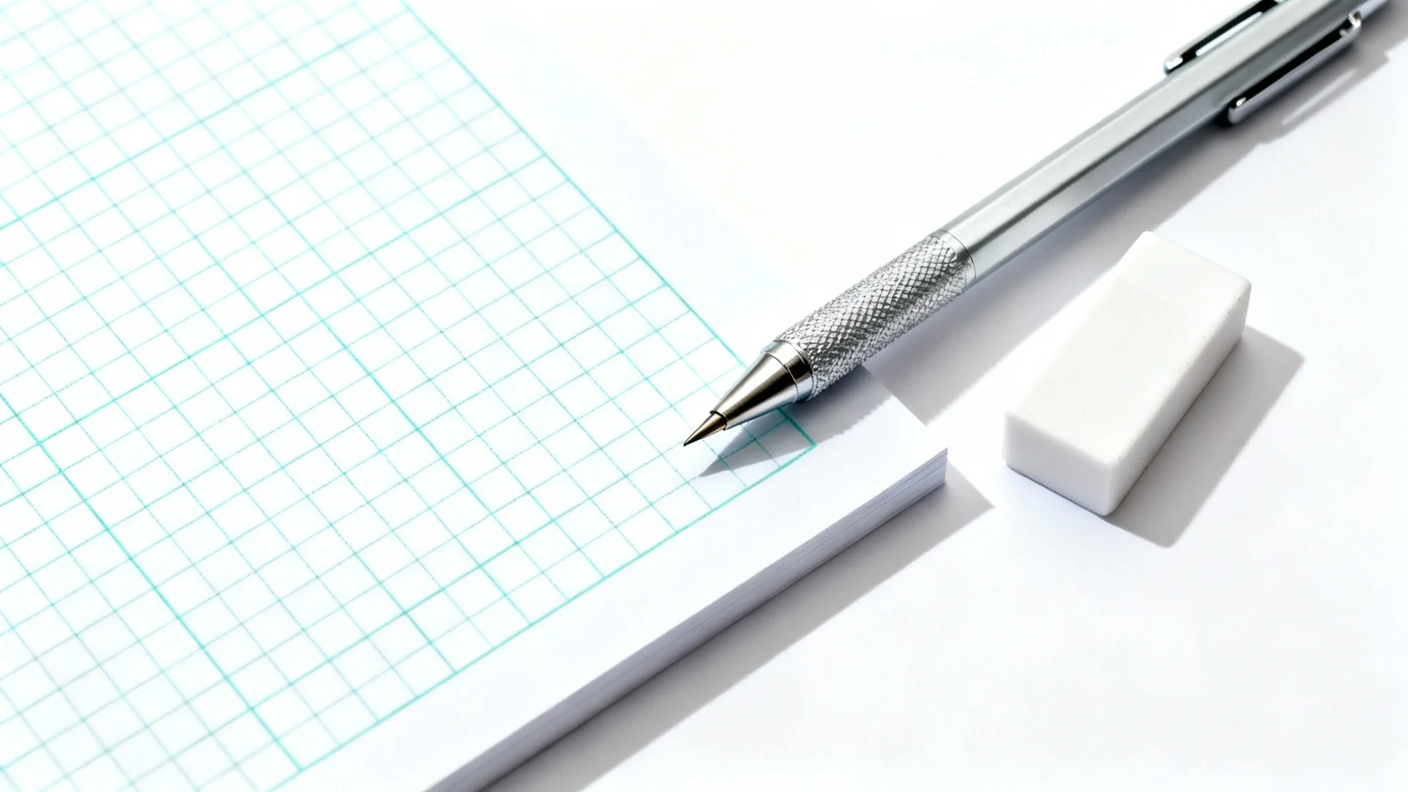 A flat lay mockup of a clean sheet of graph paper with a light-cyan grid, accompanied by a mechanical pencil and an eraser on a white background.