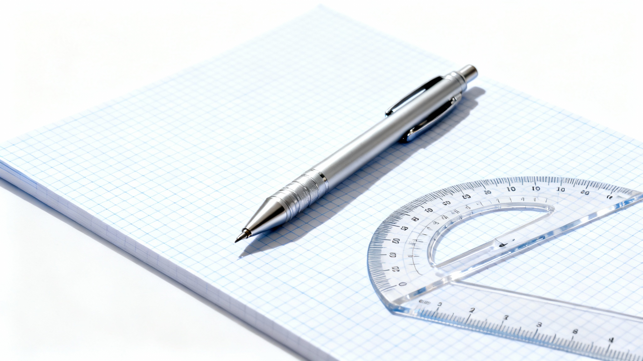 A sheet of graph paper with a mechanical pencil and ruler on top, shown on a clean white background to represent a graph paper generator.