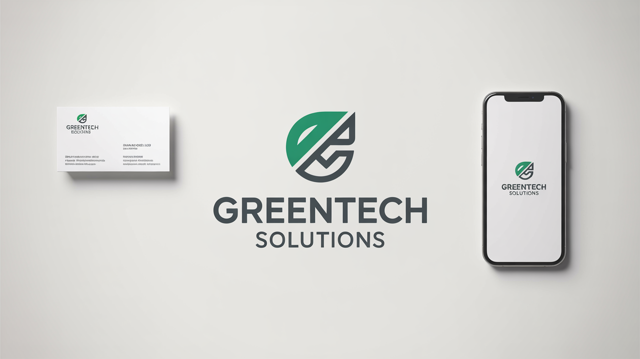 A professional brand identity mockup showcasing the redesigned logo for 'GreenTech Solutions'. The new logo, featuring a green leaf and circuit icon, is displayed on a business card and a digital screen against a clean white background, demonstrating the final design.