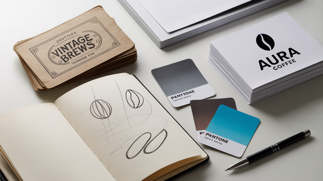 A flat lay image illustrating a logo redesign process, showing an old 'Vintage Brews' business card contrasted with new 'Aura Coffee' branding materials, sketches, and color swatches on a white desk.