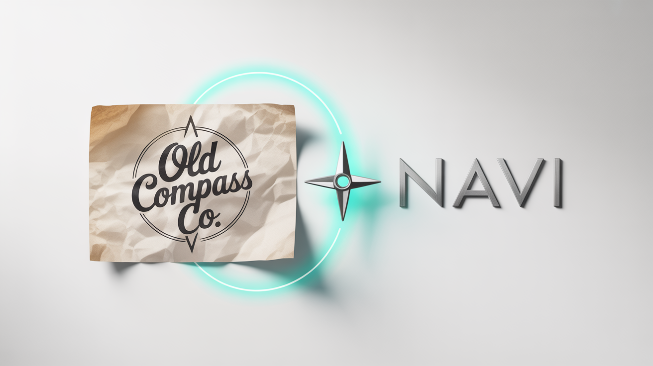 A conceptual image of a logo redesign, showing a hand-sketched, old-fashioned logo on paper transforming into a sleek, modern digital logo, connected by a glowing line on a white background.