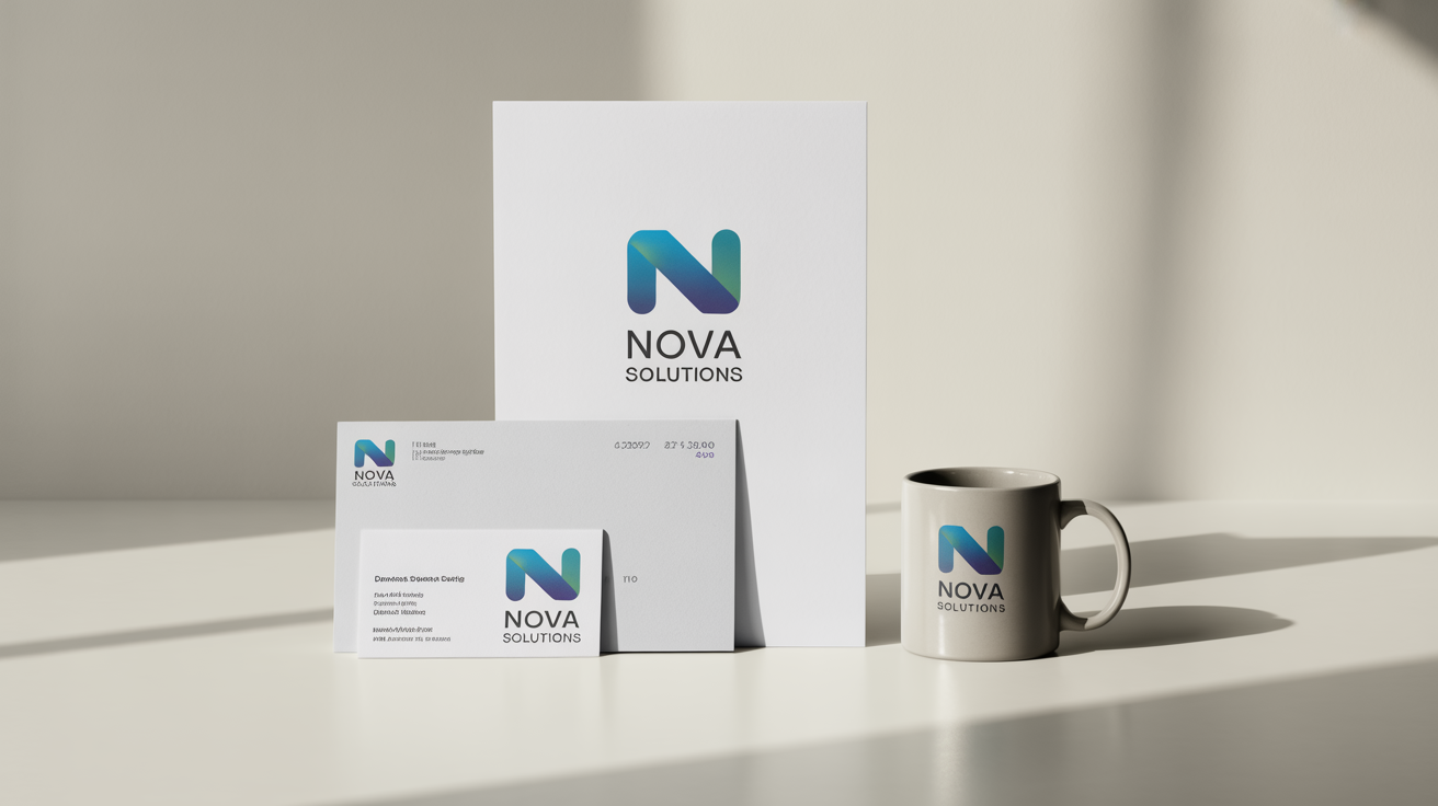 A flat lay mockup of a successful logo redesign, showing modern branding materials for a fictional company named 'Nova Solutions' arranged on a white background.