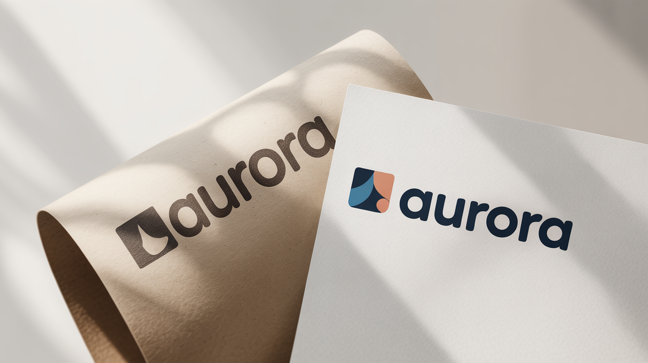 A before-and-after mockup of a logo redesign. An old, dated logo is on the left, and a new, modern and sleek logo with the text "AURORA" is on the right.