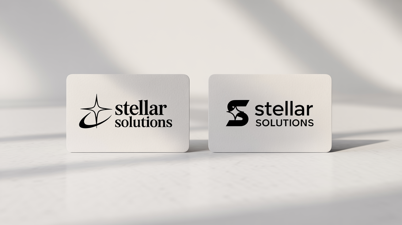 A before-and-after comparison of a logo redesign for a fictional company named 'Stellar Solutions', shown on two business cards against a white background.