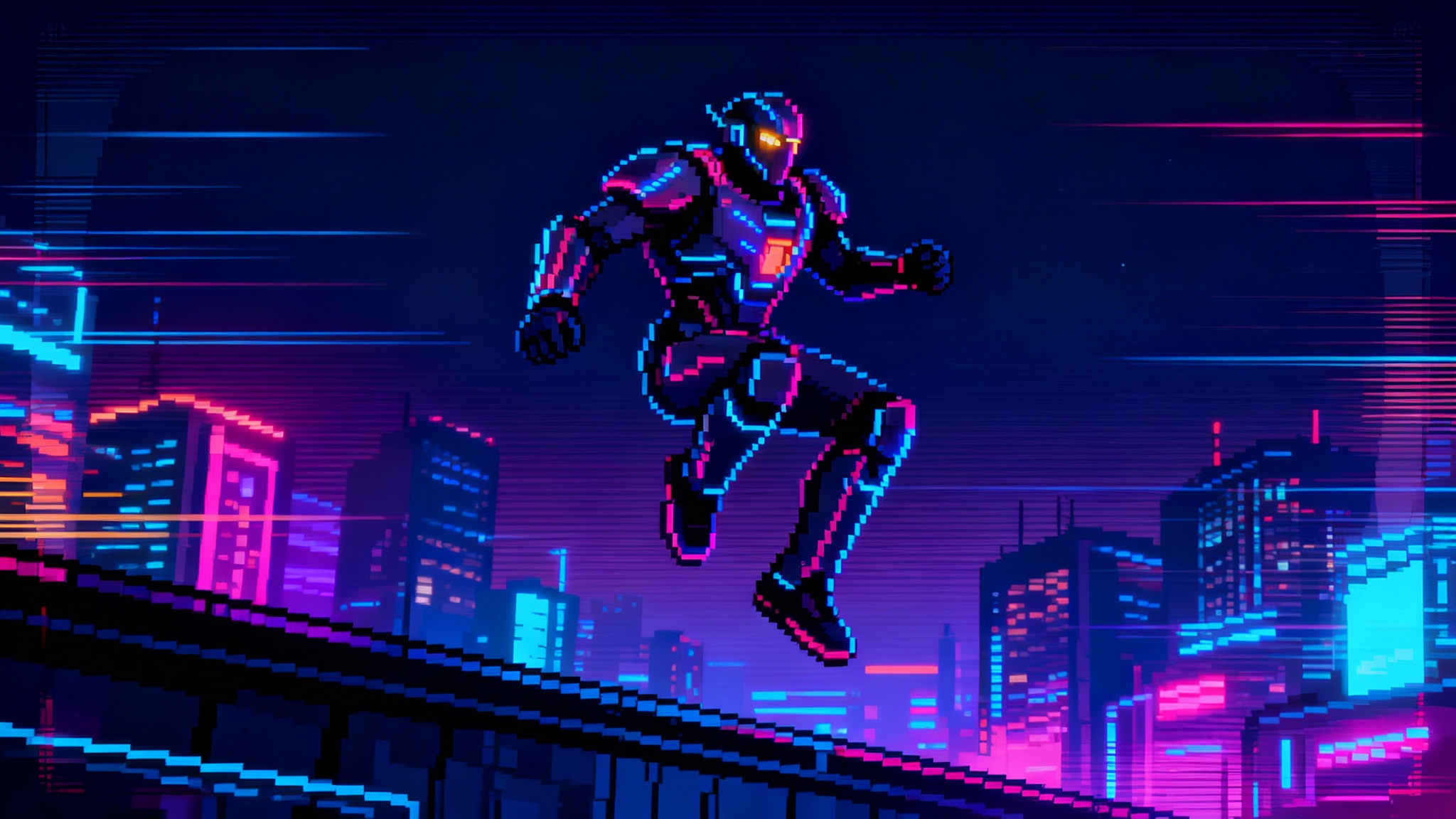 A hero image in 16:9 aspect ratio demonstrating a CRT effect on a pixel art video game scene. The image shows a sci-fi character in a dystopian city, with visible scan lines, screen curvature, and a retro phosphor glow applied.