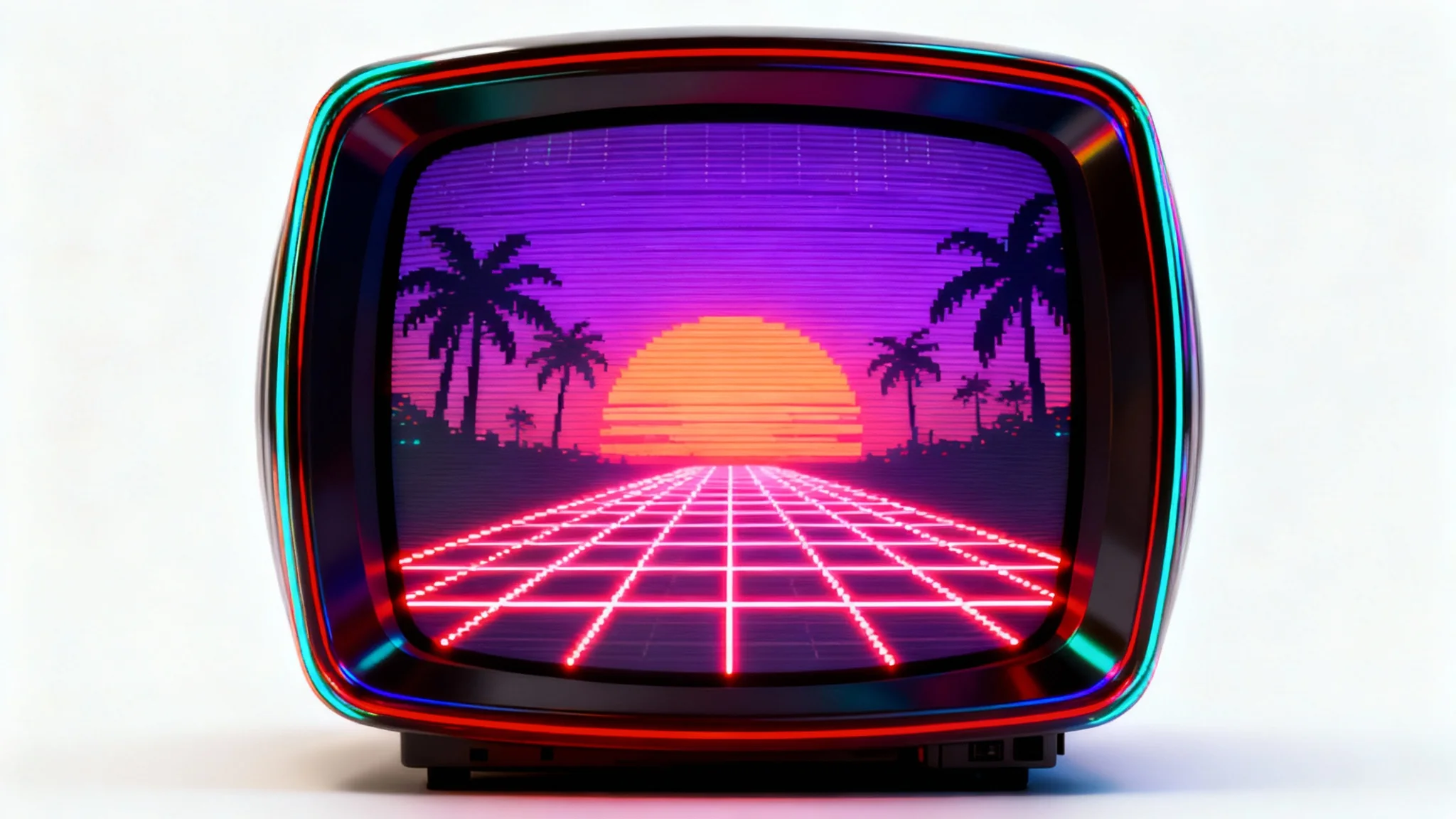 An image of a retro-futuristic landscape displayed on a vintage CRT screen to demonstrate a CRT effect, showing visible scan lines, pixelation, and screen curvature against a solid white background.