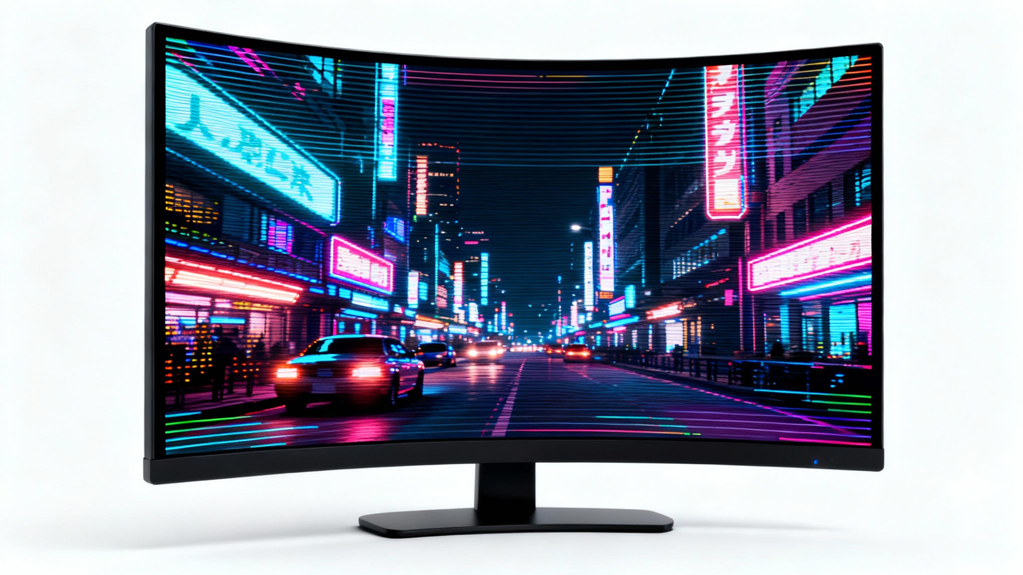 A vibrant image of a futuristic city at night, heavily stylized with a retro CRT monitor effect, including visible scan lines and pixelation, set against a plain white background.