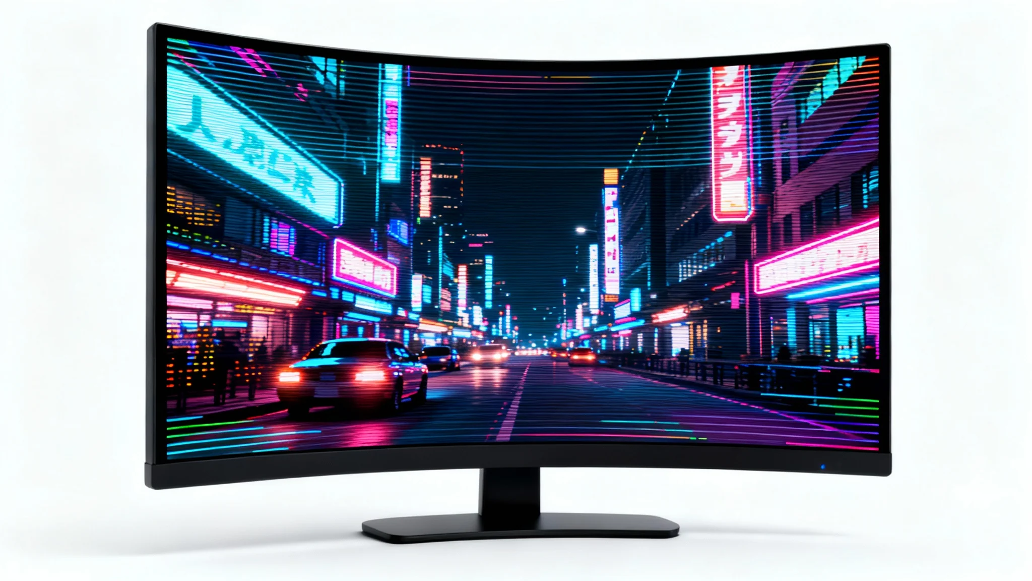 A vibrant image of a futuristic city at night, heavily stylized with a retro CRT monitor effect, including visible scan lines and pixelation, set against a plain white background.