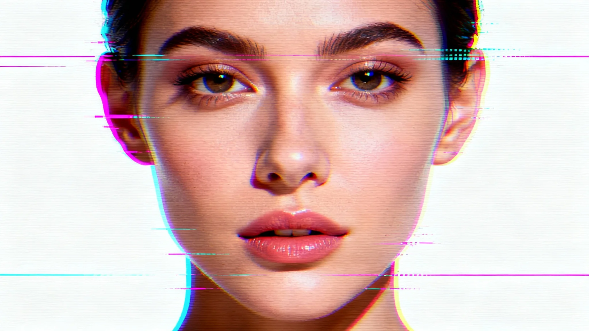 A stylized close-up portrait of a woman's face, demonstrating a CRT effect with visible scanlines and color distortion, set against a white background.