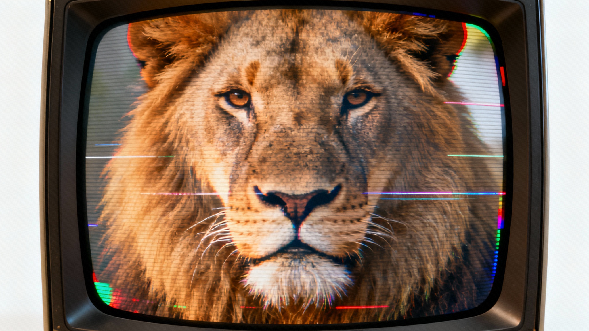 A high-detail photograph of a lion's face, heavily stylized with a retro CRT screen effect, showing visible scanlines and color distortions, isolated on a white background.