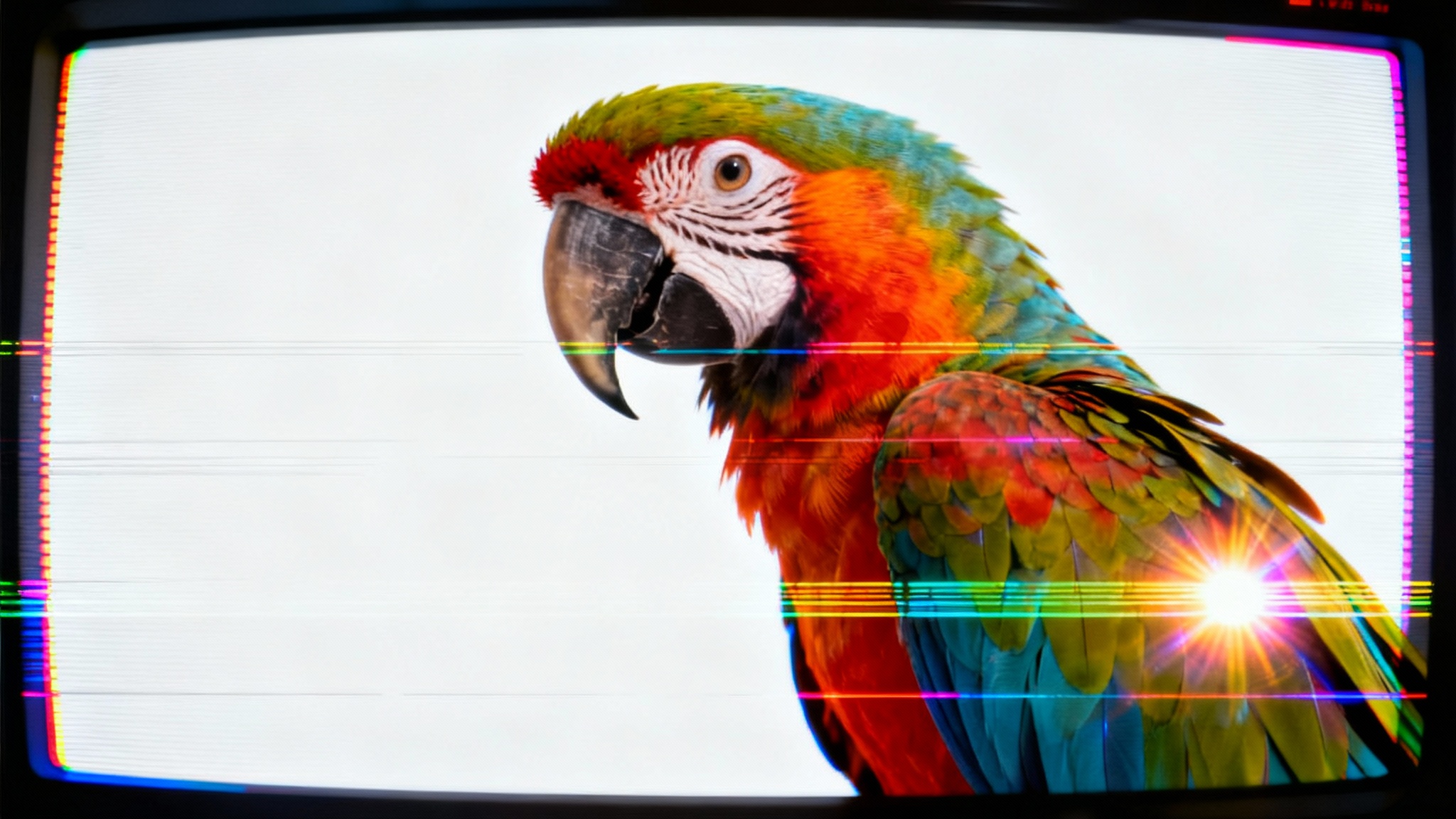 A vibrant macaw parrot rendered with a heavy CRT effect, featuring prominent scanlines and a glowing RGB dot pattern, isolated on a clean white background.
