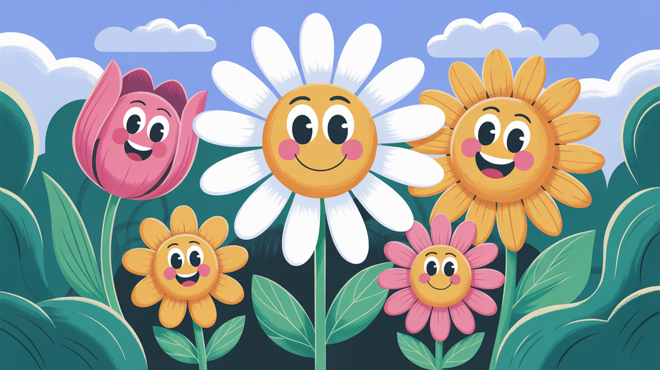 A vibrant and polished digital illustration of three cartoon flowers with cute, smiling faces—a daisy, a tulip, and a sunflower—against a light blue sky with clouds.
