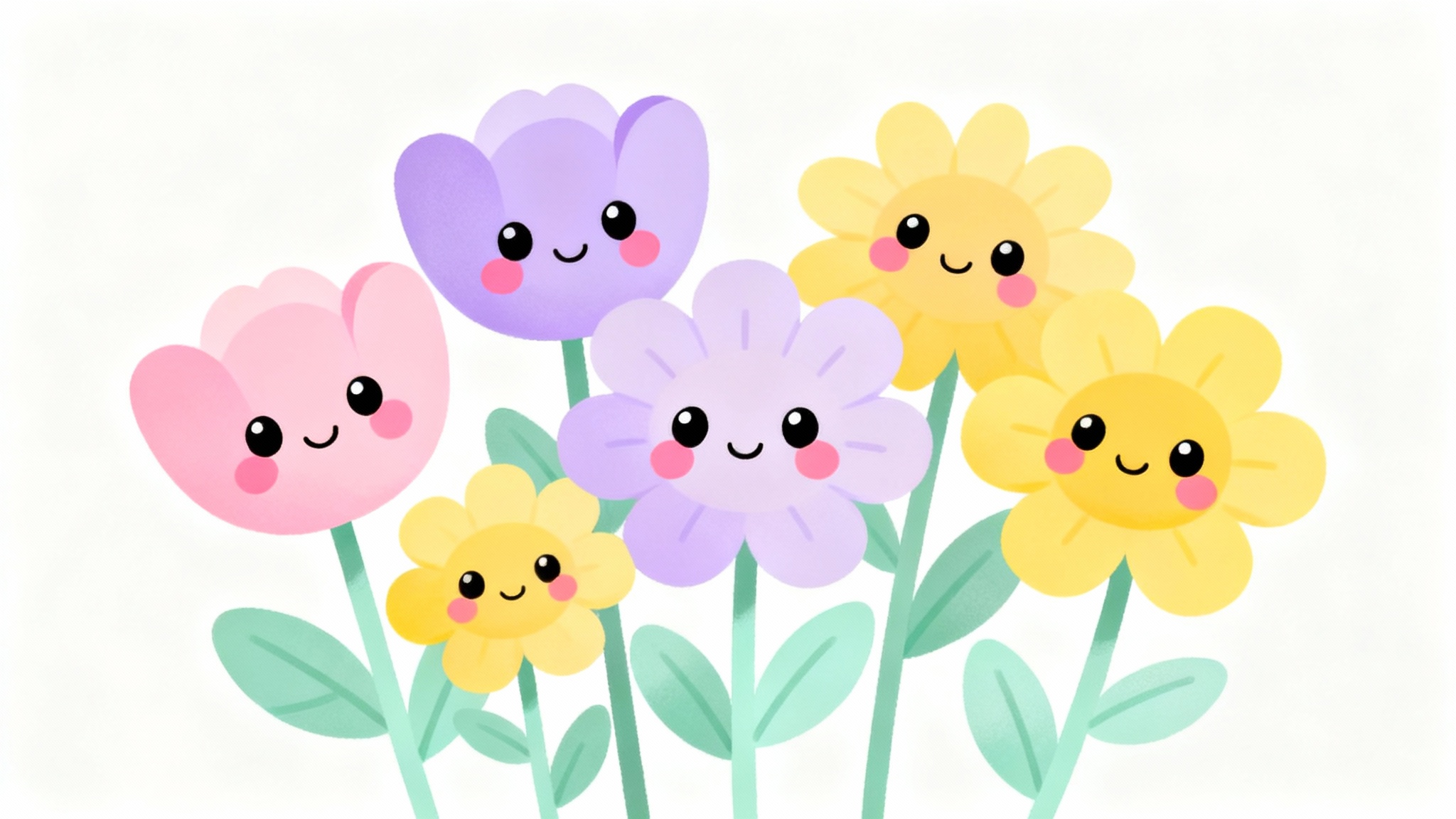 A cute digital illustration of several cartoon flowers with smiling faces and rosy cheeks, in soft pastel colors, isolated against a white background.