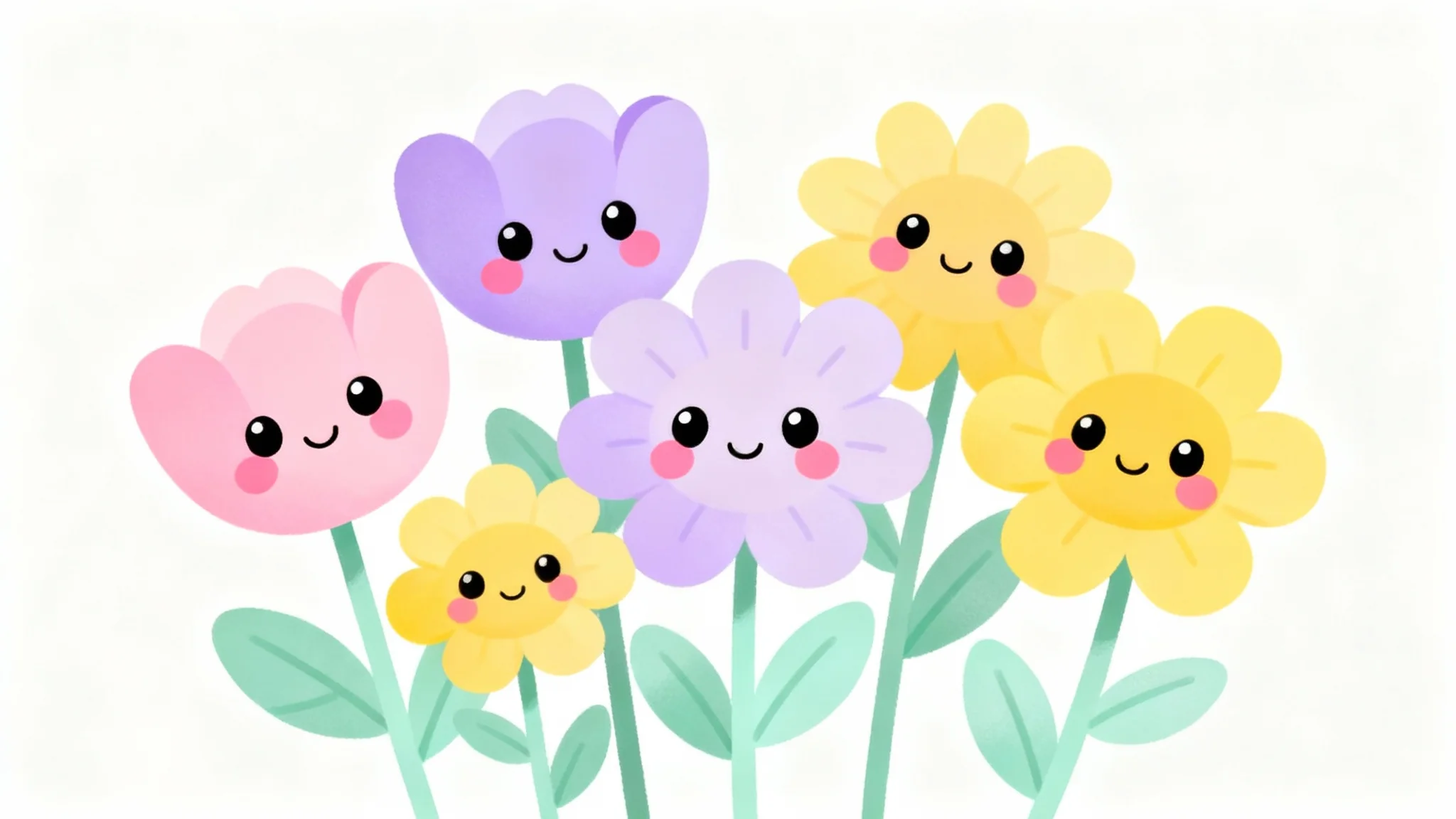 A cute digital illustration of several cartoon flowers with smiling faces and rosy cheeks, in soft pastel colors, isolated against a white background.